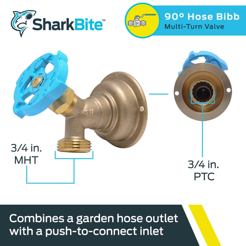 SharkBite 3/4 x 3/4 Inch MHT 90 Degree Hose Bibb, Multi Turn, Push To Connect Brass Plumbing Fitting, PEX Pipe, Copper, CPVC, PE-RT, HDPE, 24627LF - Image 2
